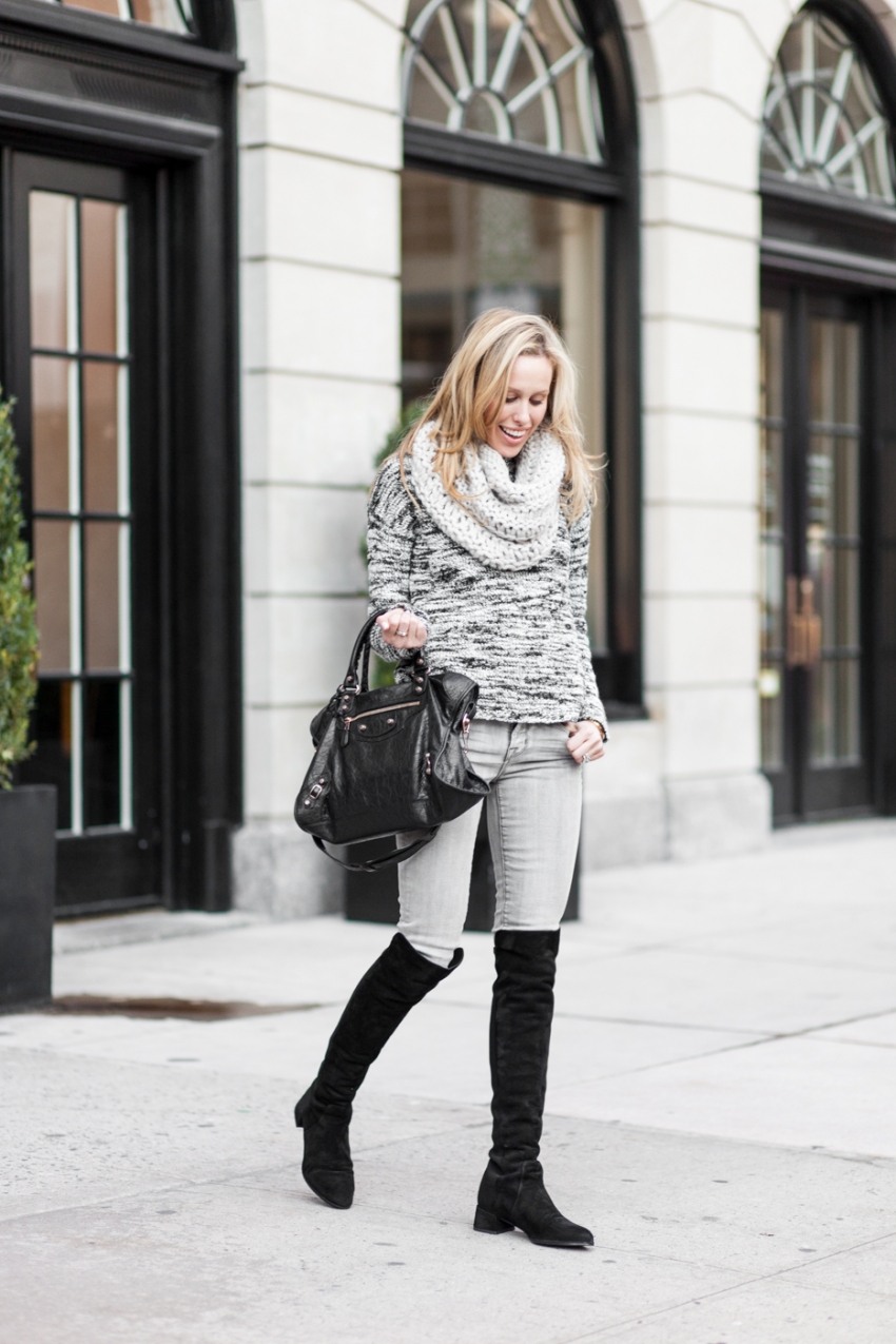 Fashionable Hostess winter Outfit Winter Knits - Alice & Olivia knit sweater, J Brand grey jeans, Stuart Weitzmann The Reserve Knee high Boots, Black Balenciaga bag