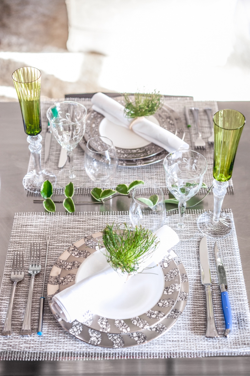 Tablescape - plates - Michael Wainwright - napkins - Sferra - napkin rings - Deborah Rose - water glasses - Riedel - wine glass - Baccarat - silverware - Wedgewood